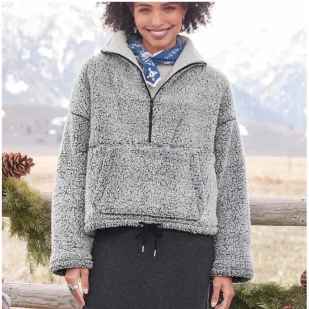 Sundance Tremblay Sherpa Quarter Zip Pullover Gray XS Kangaroo Pocket Cozy